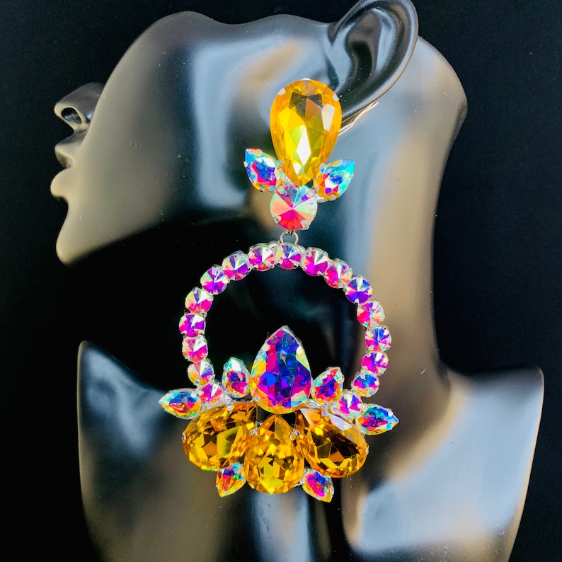 Crystal Hoop Earrings Clip On or Pierced Statement Earrings Crystal Jewelry Dress Earrings Drag Queen