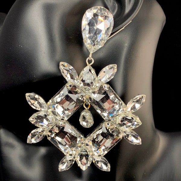 Crystal Cubic Earrings/ Sparkling Clip on Jewels / Cocktail Dress / Gift / Drag Queen Jewelry / Costume Jewellery