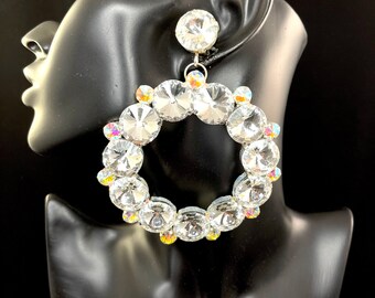 Hoop Earrings / Clip On / Statement Earrings / Crystal Jewelry / Dress Earrings / Drag Queen / showgirl