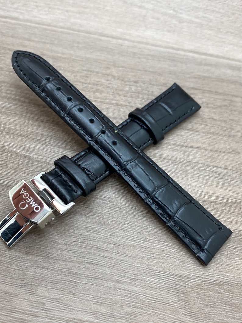 Omega 18mm Genuine leather Black strap Deployment Buckle | Etsy