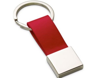 Key fob. Imitation leather and metal. Red, with engraving
