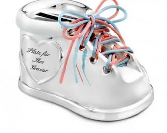 Money box baby shoe - shoelaces in pink and blue - can be refined with engraving