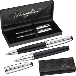 Set scrittura Ferraghini in metallo con penna a sfera twist e penna roller con tua incisione