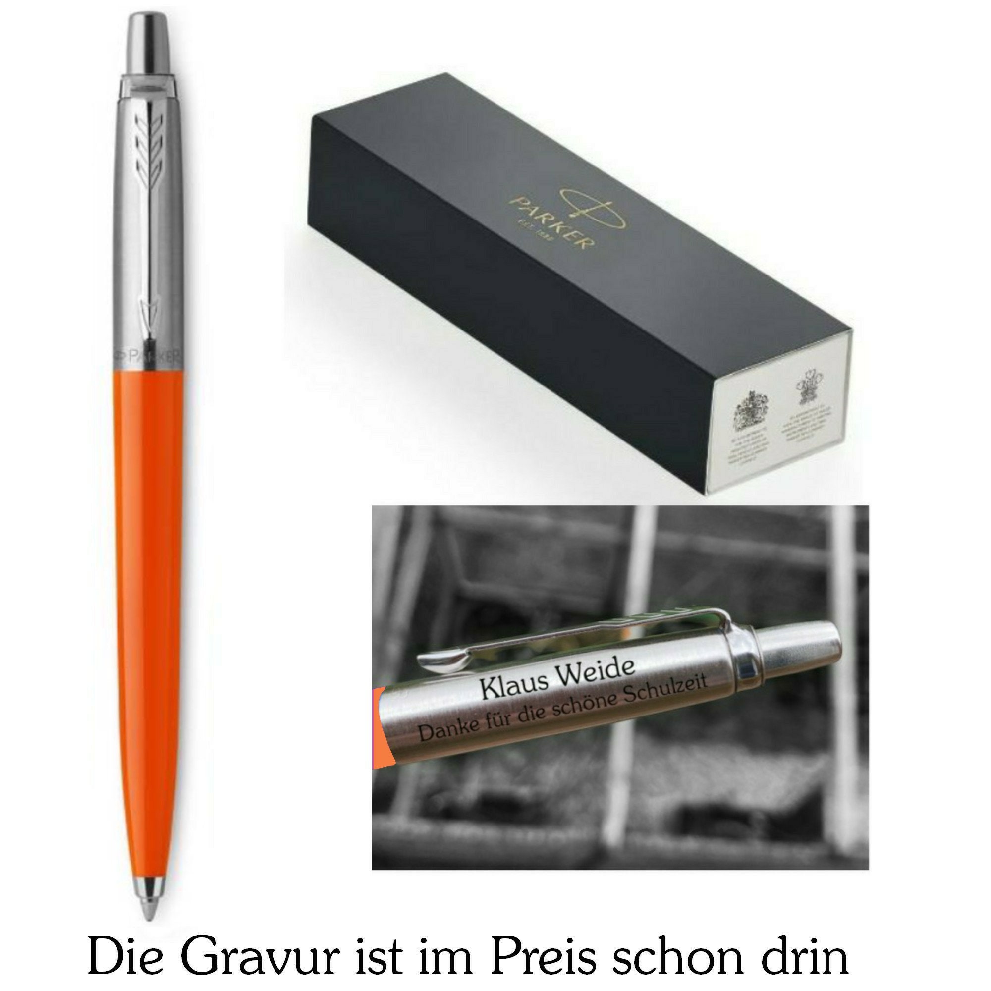 Parker Jotter ballpoint pen stainless steel/plastic orange with engraving