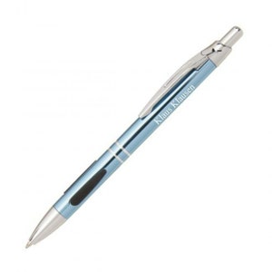 Blue ballpoint pen with engraving