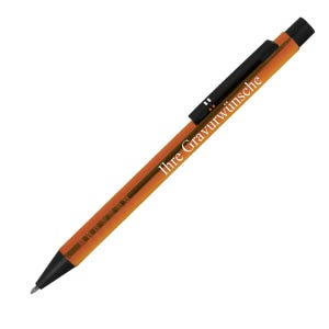 Op de afbeelding: Oranje en zwarte balpen met de tekst "Ihre Gravurwünsche" erop gedrukt.