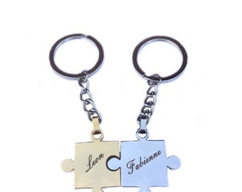 Puzzle keychain set - one in gold and one in silver - with desired engraving