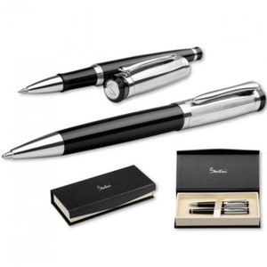 Set Stylos Ferraghini Métal - Stylo Bille Noir + Roller Bleu Avec Étui Élégant - Cadeau Élégant