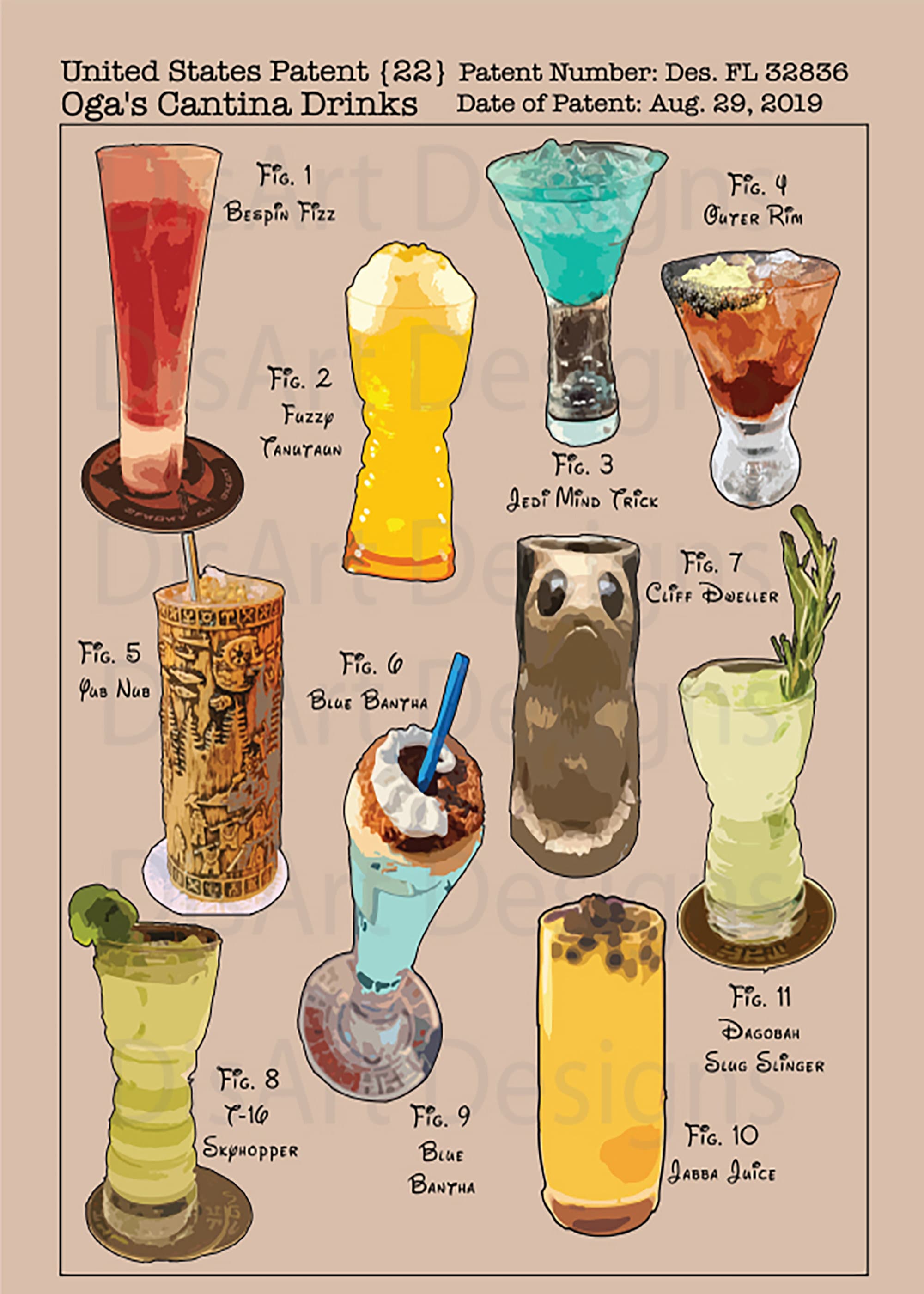 Oga's Cantina Bar Drinks / Patent Style Art Print / 8x10 and 11x14 Etsy