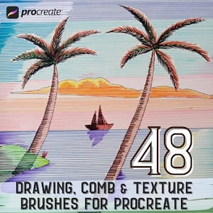 May include: Digital art graphic featuring two palm trees, a sailboat, and the number 48. The text at the bottom reads "DRAWING, COMB & TEXTURE BRUSHES FOR PROCREATE". The image has a tropical theme with a colorful sky and water.
