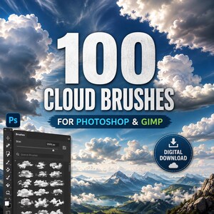 Könnte beinhalten: Eine digitale Sammlung von 100 Wolkenpinseln für Photoshop und GIMP, mit einem großen weißen Textaufdruck 100 CLOUD BRUSHES FOR PHOTOSHOP & GIMP, einem blauen Ps-Symbol, einem Pinsel-Auswahlfenster und einem runden digitalen Download-Badge.