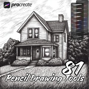May include: Black and white pencil drawing of a house with a porch and a chimney. The image includes the text "Procreate" in the upper left corner and "81 Pencil Drawing Tools" at the bottom.