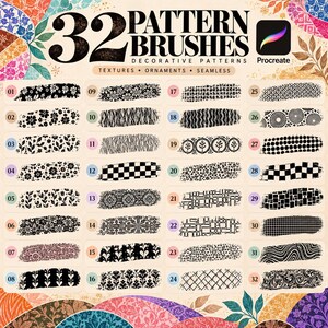 Peut inclure: Une collection num&eacute;rique de 32 brosses &agrave; motifs pour Procreate, pr&eacute;sentant une vari&eacute;t&eacute; de textures d&eacute;coratives, d'ornements et de designs sans couture en noir et blanc, organis&eacute;s dans une grille num&eacute;rot&eacute;e avec le texte 32 PATTERN BRUSHES.