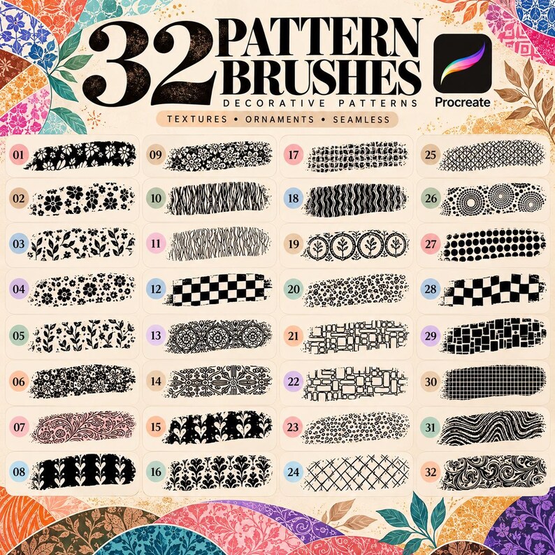 Peut inclure: Une collection num&eacute;rique de 32 brosses &agrave; motifs pour Procreate, pr&eacute;sentant une vari&eacute;t&eacute; de textures d&eacute;coratives, d'ornements et de designs sans couture en noir et blanc, organis&eacute;s dans une grille num&eacute;rot&eacute;e avec le texte 32 PATTERN BRUSHES.