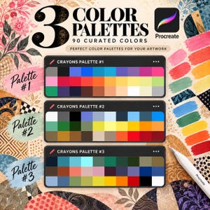 Peut inclure: Un ensemble de ressources num&eacute;riques comprenant 3 palettes de couleurs pour Procreate, totalisant 90 couleurs s&eacute;lectionn&eacute;es. L'image pr&eacute;sente trois nuanciers rectangulaires nomm&eacute;s Crayons Palette #1, #2 et #3, avec des carr&eacute;s de couleurs.