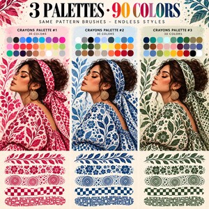 Peut inclure: Un ensemble d'art num&eacute;rique comprenant 3 palettes et 90 couleurs avec des pinceaux &agrave; motifs. L'image pr&eacute;sente trois sections, chacune montrant une personne avec un foulard et un haut assortis en rose, bleu ou vert, avec des &eacute;chantillons.