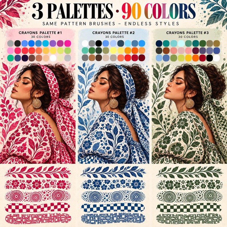 Peut inclure: Un ensemble d'art num&eacute;rique comprenant 3 palettes et 90 couleurs avec des pinceaux &agrave; motifs. L'image pr&eacute;sente trois sections, chacune montrant une personne avec un foulard et un haut assortis en rose, bleu ou vert, avec des &eacute;chantillons.