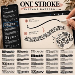 Peut inclure: Une illustration num&eacute;rique montrant une interface de tablette avec un menu de s&eacute;lection de pinceaux et une d&eacute;monstration d'un outil de motif instantan&eacute; en un trait. L'&eacute;cran affiche le texte ONE STROKE INSTANT PATTERN, DRAW ONE STROKE et GET INSTANT PATTERN.