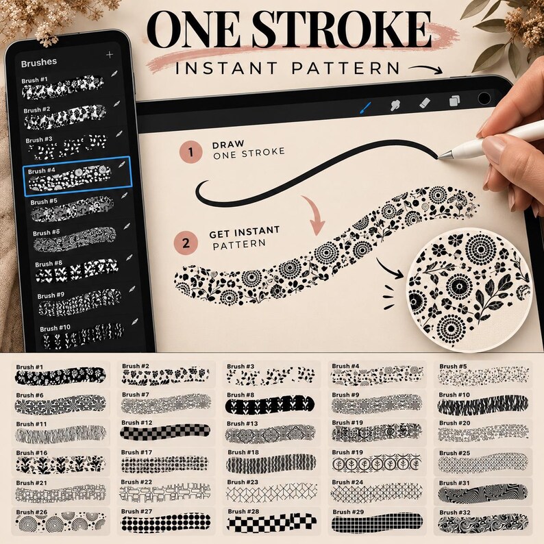 Peut inclure: Une illustration num&eacute;rique montrant une interface de tablette avec un menu de s&eacute;lection de pinceaux et une d&eacute;monstration d'un outil de motif instantan&eacute; en un trait. L'&eacute;cran affiche le texte ONE STROKE INSTANT PATTERN, DRAW ONE STROKE et GET INSTANT PATTERN.