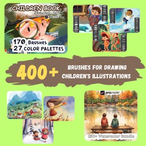 Procréez des pinceaux d'illustration pour le dessin de livres pour enfants. Méga pack de 400+ pinceaux procréation. Sensation de réalisme à l'aquarelle. Livre d'histoires numérique.