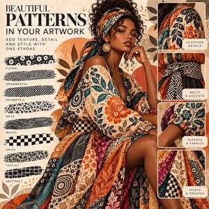 Peut inclure: Un affichage d'art num&eacute;rique avec le texte BEAUTIFUL PATTERNS IN YOUR ARTWORK, pr&eacute;sentant divers motifs de coups de pinceau dont floral, ornemental, g&eacute;om&eacute;trique, points, vagues, grilles, textile et abstrait, avec une personne portant une robe &agrave; motifs.