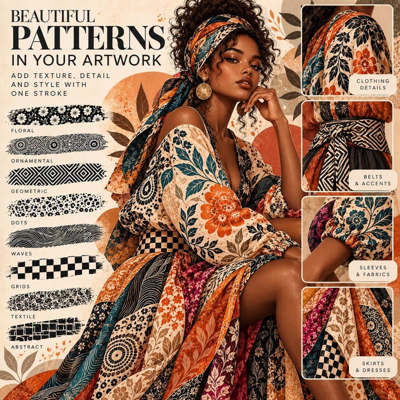Peut inclure: Un affichage d'art num&eacute;rique avec le texte BEAUTIFUL PATTERNS IN YOUR ARTWORK, pr&eacute;sentant divers motifs de coups de pinceau dont floral, ornemental, g&eacute;om&eacute;trique, points, vagues, grilles, textile et abstrait, avec une personne portant une robe &agrave; motifs.