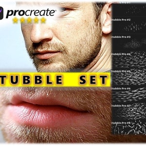Puede incluir: Un conjunto de 8 pinceles digitales para Procreate llamado "Stubble Pro" para crear efectos de barba realistas. Los pinceles se muestran sobre un fondo negro con un primer plano de la cara de un hombre con barba.