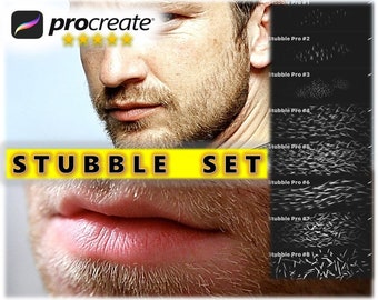 May include: A set of 8 digital brushes for Procreate called "Stubble Pro" for creating realistic stubble effects. The brushes are shown on a black background with a close-up of a man's face with stubble.