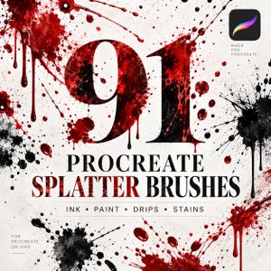 May include: A digital graphic featuring the number 91 in a large serif font, overlaid with red and black paint splatters and drips. The text reads 91 PROCREATE SPLATTER BRUSHES INK PAINT DRIPS STAINS, with a Procreate icon and text for iPad.