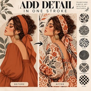 Peut inclure: Une illustration num&eacute;rique montrant une comparaison avant et apr&egrave;s d'une personne aux cheveux bruns portant un foulard et une robe orange uni, transform&eacute;e en une version &agrave; motifs avec des textures florales, g&eacute;om&eacute;triques, &agrave; pois, ondul&eacute;es et en grille.