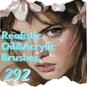 Peut inclure: Gros plan sur le visage d'une femme avec une couronne de fleurs. Le texte "Realistic Oil & Acrylic Brushes 292" est superposé à l'image.