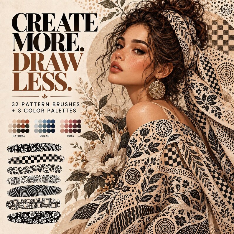 Peut inclure: Un graphique num&eacute;rique avec le texte CREATE MORE. DRAW LESS. 32 PATTERN BRUSHES + 3 COLOR PALETTES. Il montre une personne aux cheveux bruns portant un foulard &agrave; motifs et des boucles d'oreilles dor&eacute;es, avec divers &eacute;chantillons de motifs noir et blanc.