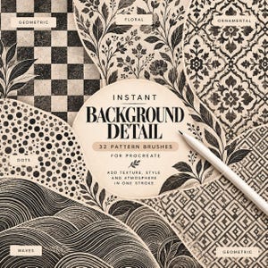 Peut inclure: Une collection num&eacute;rique de 32 brosses &agrave; motifs pour Procreate intitul&eacute;e Instant Background Detail. L'image pr&eacute;sente diverses textures noires et beiges, notamment des damiers g&eacute;om&eacute;triques, des motifs floraux, ornementaux, des points, des vagues et des grilles.