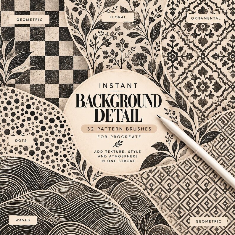 Peut inclure: Une collection num&eacute;rique de 32 brosses &agrave; motifs pour Procreate intitul&eacute;e Instant Background Detail. L'image pr&eacute;sente diverses textures noires et beiges, notamment des damiers g&eacute;om&eacute;triques, des motifs floraux, ornementaux, des points, des vagues et des grilles.