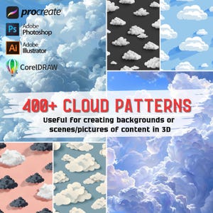 Cloud Patterns.  Useful for creating backgrounds or scenes/pictures of content in 3D. Procreate Cloud, Photoshop Cloud, Illustrator Clouds