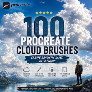 以下が含まれることがあります： ハイカーがいる山岳風景を背景にした100種類のProcreateクラウドブラシのデジタル広告。テキストには「100 Procreate Cloud Brushes」、「Create Realistic Skies In Seconds」、「100 Unique Brushes」、「Easy To Use Stamp Brushes」、「Realistic & High Detail」、「For Procreate On IPad」と記載されています。