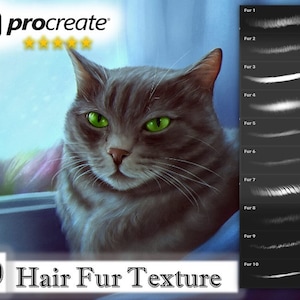 May include: A digital illustration of a grey cat with green eyes. The cat is looking to the left. The image is labelled "10 Hair Fur Texture" and shows 10 different brush strokes for creating fur textures in the Procreate app.