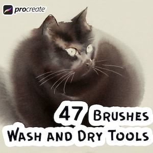 Pode incluir: Uma ilustração em aquarela de um gato preto com olhos verdes. A imagem inclui o texto "47 Brushes Wash and Dry Tools" e o logotipo do Procreate.
