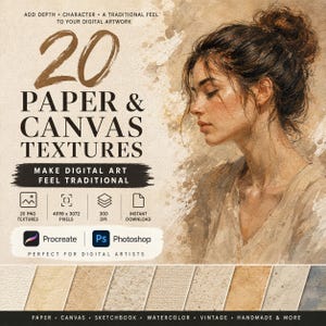Könnte beinhalten: Ein digitales Produktangebot für 20 Papier- und Leinwandtexturen mit dem Porträt einer Person mit Dutt. Der Text lautet 20 PAPER & CANVAS TEXTURES, MAKE DIGITAL ART FEEL TRADITIONAL, 20 PNG TEXTURES, 4098 x 3072 PIXELS, 300 DPI, INSTANT DOWNLOAD, Procreate, Photoshop, PAPER, CANVAS, SKETCHBOOK, WATERCOLOR, VINTAGE, HANDMADE & MORE.