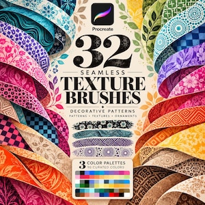 May include: A digital collection of 32 seamless texture brushes for Procreate, featuring decorative patterns, textures, and ornaments. The display includes various colorful ribbon-like samples with floral, geometric, and dotted designs, plus 3 color palettes.