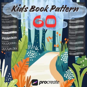 Könnte beinhalten: Eine digitale Illustration eines Waldwegs mit einer blauen Wolke darüber. Die Wolke trägt den Text "Kids Book Pattern 60" in Rot. Das Bild ist eine Vorschau auf einen Procreate-Pinsel-Satz für digitale Künstler.