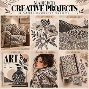 Peut inclure: Une collection num&eacute;rique intitul&eacute;e MADE FOR CREATIVE PROJECTS 32 PATTERN BRUSHES FOR PROCREATE, pr&eacute;sentant six panneaux affichant des motifs noirs et blancs appliqu&eacute;s sur des meubles, des illustrations florales, des arri&egrave;re-plans, des affiches, des v&ecirc;tements et de la papeterie.