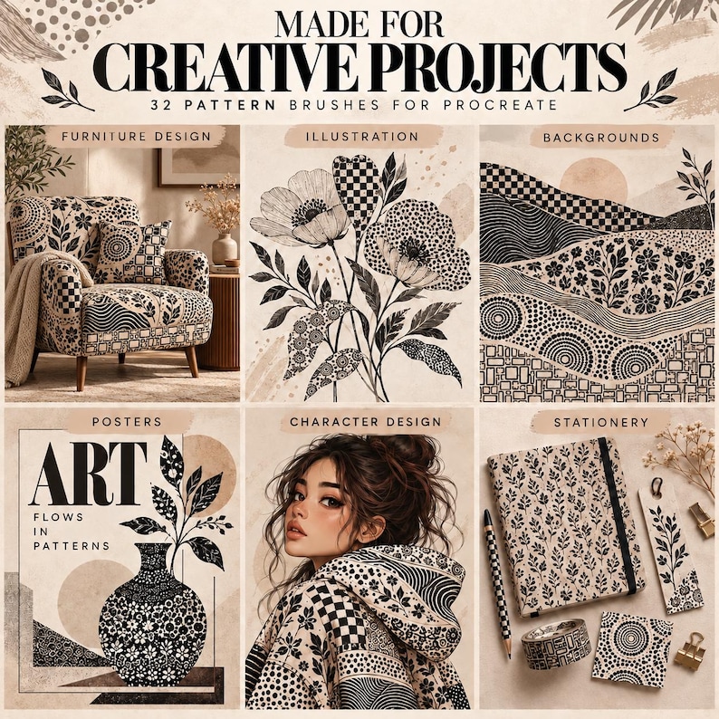 Peut inclure: Une collection num&eacute;rique intitul&eacute;e MADE FOR CREATIVE PROJECTS 32 PATTERN BRUSHES FOR PROCREATE, pr&eacute;sentant six panneaux affichant des motifs noirs et blancs appliqu&eacute;s sur des meubles, des illustrations florales, des arri&egrave;re-plans, des affiches, des v&ecirc;tements et de la papeterie.