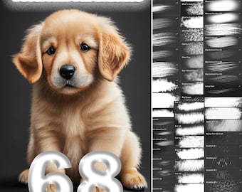 May include: A golden retriever puppy sits on a black background with a white number 68. The image is a digital illustration of a puppy with a soft, fluffy coat. The image is accompanied by a set of 68 Procreate fur brushes, which are displayed on the right side of the image.