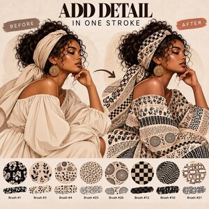 Peut inclure: Une illustration num&eacute;rique montrant une comparaison avant et apr&egrave;s d'une personne portant un foulard et un haut &agrave; &eacute;paules d&eacute;nud&eacute;es. Le texte indique ADD DETAIL IN ONE STROKE. Huit &eacute;chantillons circulaires de motifs noirs et beiges sont num&eacute;rot&eacute;s.
