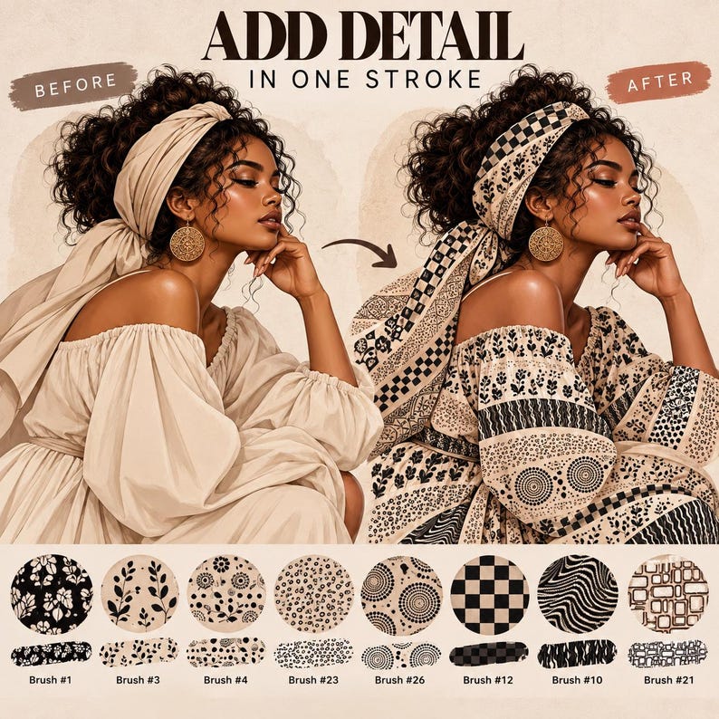 Peut inclure: Une illustration num&eacute;rique montrant une comparaison avant et apr&egrave;s d'une personne portant un foulard et un haut &agrave; &eacute;paules d&eacute;nud&eacute;es. Le texte indique ADD DETAIL IN ONE STROKE. Huit &eacute;chantillons circulaires de motifs noirs et beiges sont num&eacute;rot&eacute;s.
