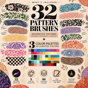 Peut inclure: Un affichage graphique num&eacute;rique intitul&eacute; 32 Pattern Brushes pr&eacute;sentant divers &eacute;chantillons de traits de pinceau, notamment des motifs floraux, g&eacute;om&eacute;triques, ondul&eacute;s et &agrave; carreaux. Il inclut 3 palettes de 90 couleurs et des ic&ocirc;nes pour Procreate.
