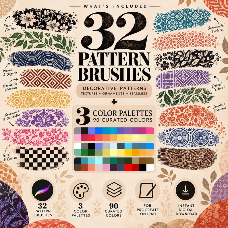 Peut inclure: Un affichage graphique num&eacute;rique intitul&eacute; 32 Pattern Brushes pr&eacute;sentant divers &eacute;chantillons de traits de pinceau, notamment des motifs floraux, g&eacute;om&eacute;triques, ondul&eacute;s et &agrave; carreaux. Il inclut 3 palettes de 90 couleurs et des ic&ocirc;nes pour Procreate.