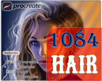 Puede incluir: Una ilustración digital de una mujer con cabello largo y fluido. La imagen está en un esquema de color naranja y rojo vibrante. El texto "1084 HAIR" se muestra en una fuente grande y en negrita. El texto "784 Procreate Brushes + 300 Color Swatches" se muestra en una fuente más pequeña.
