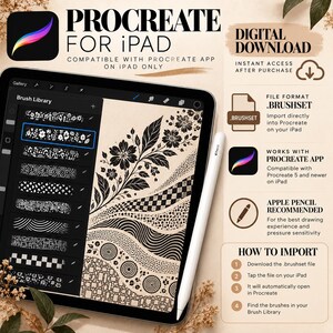 Peut inclure: Un ensemble de pinceaux num&eacute;riques pour l'application Procreate sur iPad, pr&eacute;sentant une interface de biblioth&egrave;que de pinceaux avec des motifs floraux et g&eacute;om&eacute;triques. L'image inclut du texte d&eacute;taillant le format de fichier et l'importation.